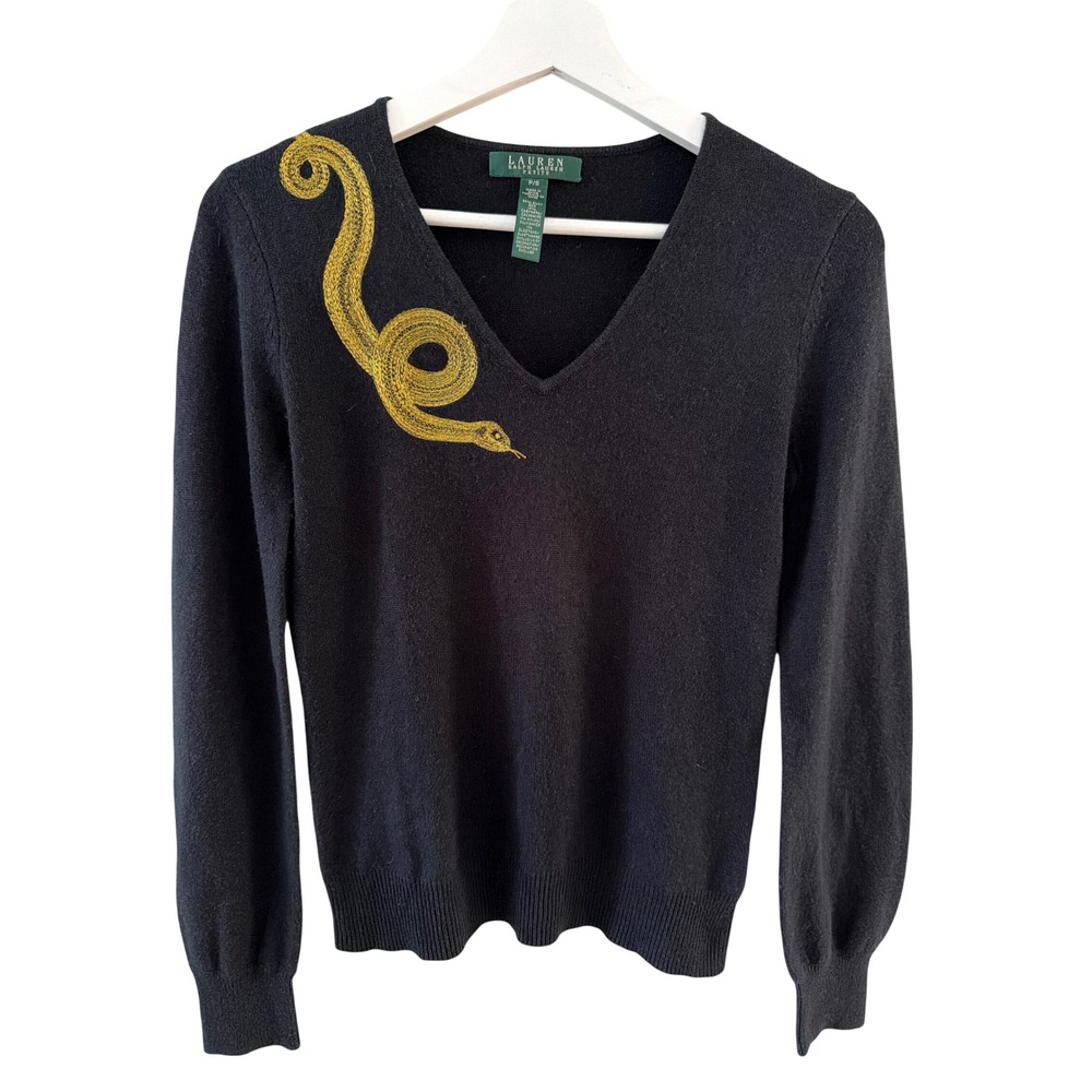 Lauren Ralph Lauren Sz PS Black Silk Cashmere Snake Embroidery V-Neck Sweater